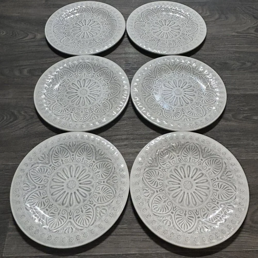 6 Shabby Chic Melamine Dinner Plates Indoor Outdoor Floral Geometric Design 10.5